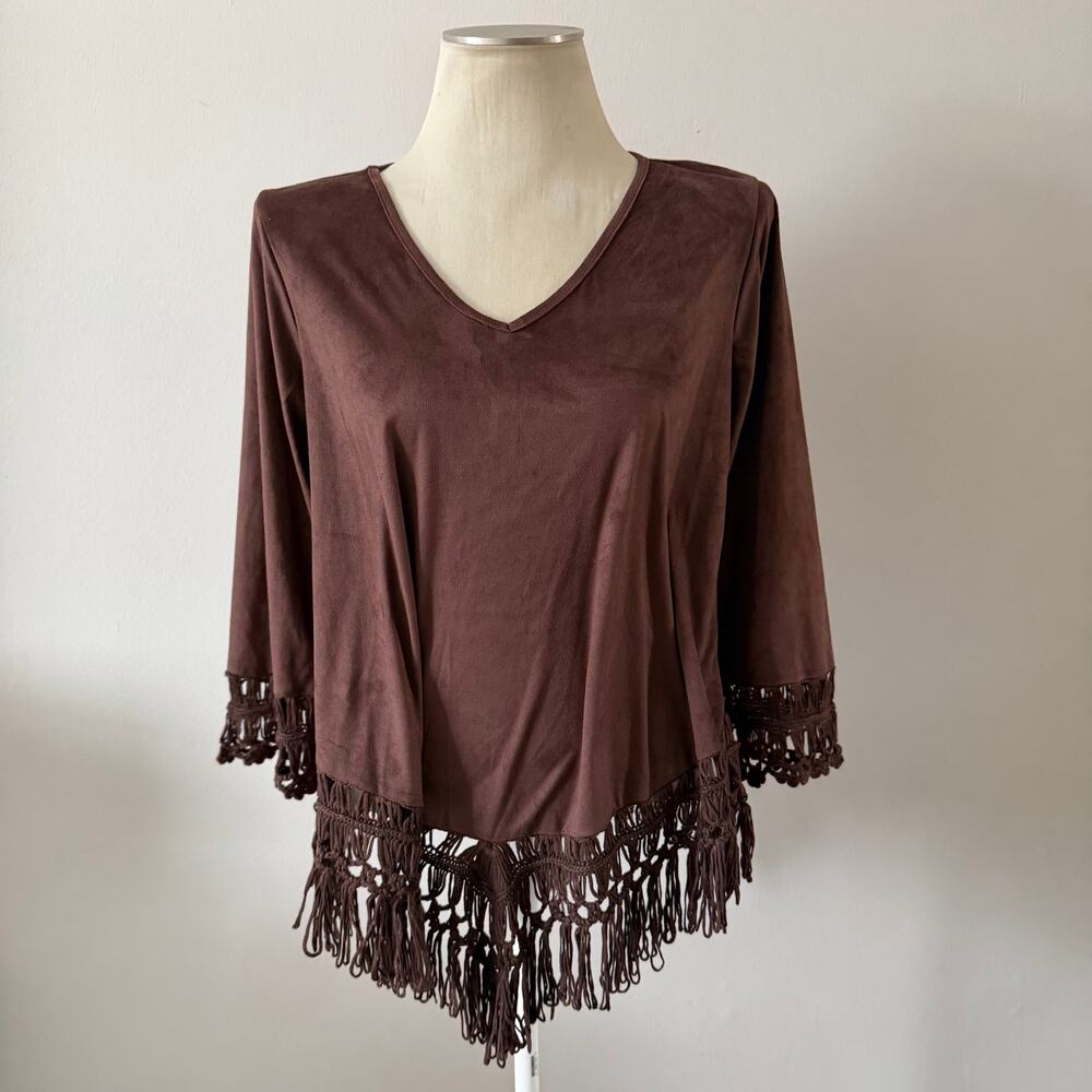 NWT Brown Faux Suede Crochet Detail Blouse Sz M Boho Artsy Western